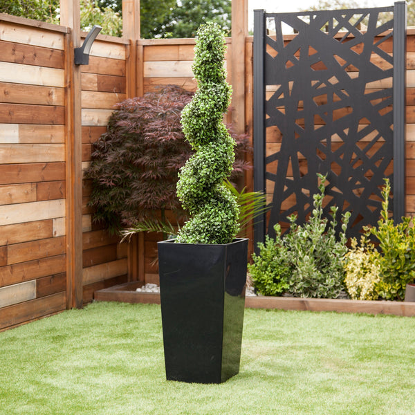 Artifical Buxus Spiral Topiary and Black Planter
