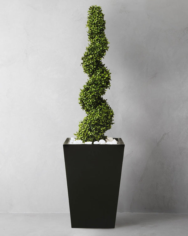 Artificial Buxus Spiral Topiary and Black Tapered Stone Planter